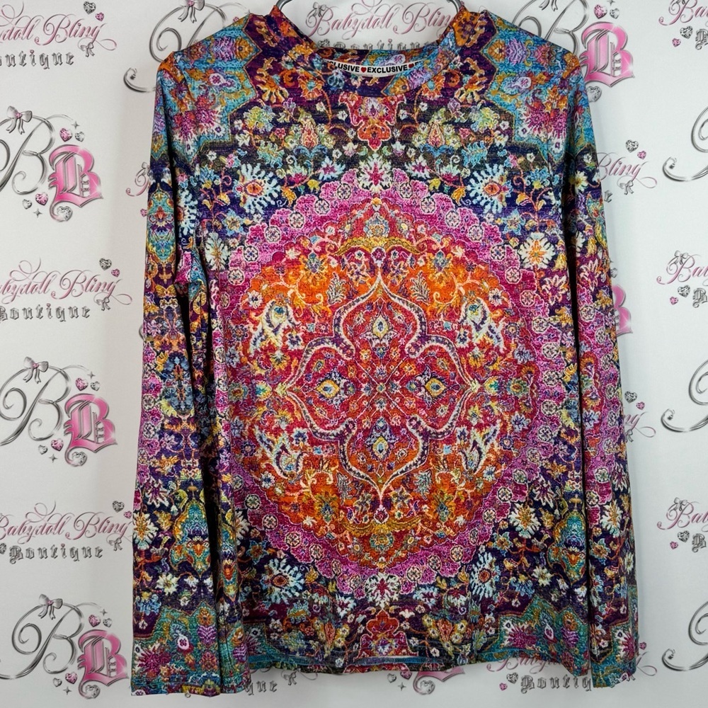 Exclusive long sleeve boho paisley floral rainbow  Mandala Print Women's Top